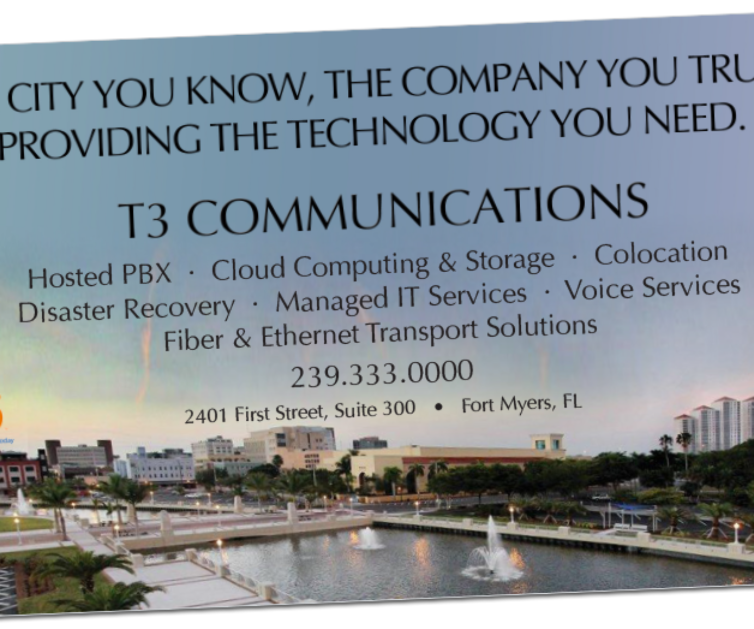 Fort Myers public relations firm CONRIC PR and Marketing designed T3 Communications advertisement.