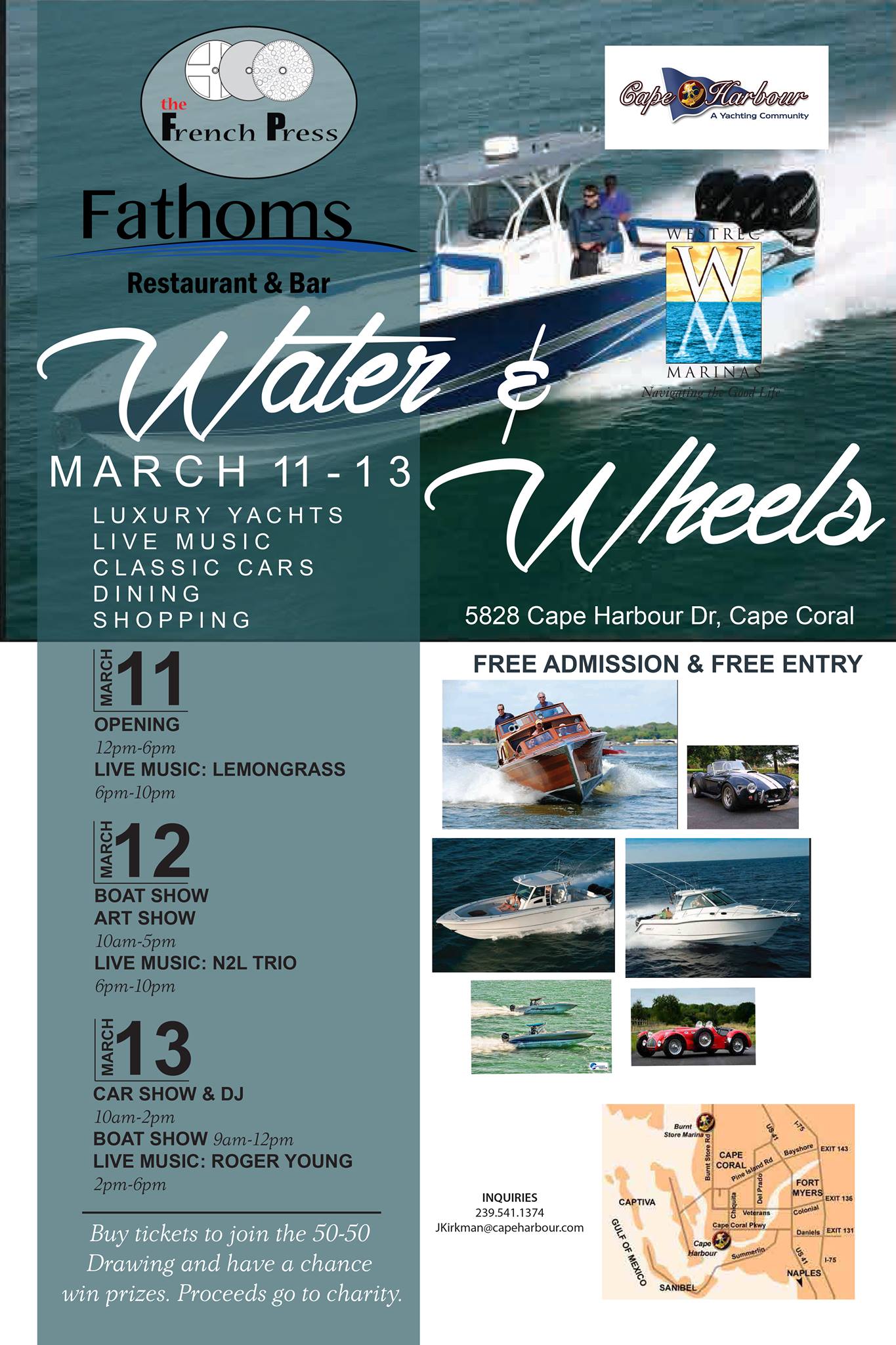 Water & Wheels will kick off on March 11 at Fathoms and the French Press in  Cape Harbour Marina